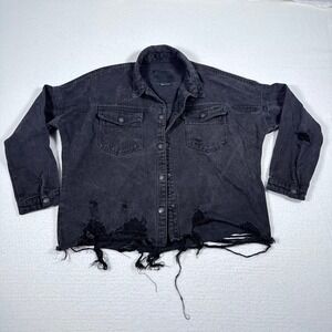 BBJ Los Angeles Distressed Black Denim‎ Jacket Small Rips Frayed Hem Grunge